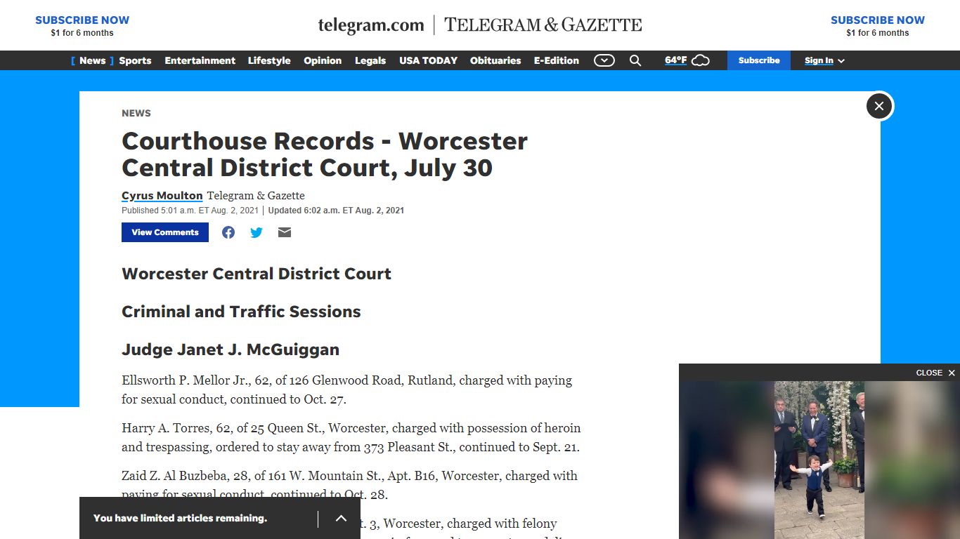 Courthouse Records - Worcester Central District Court, July 30