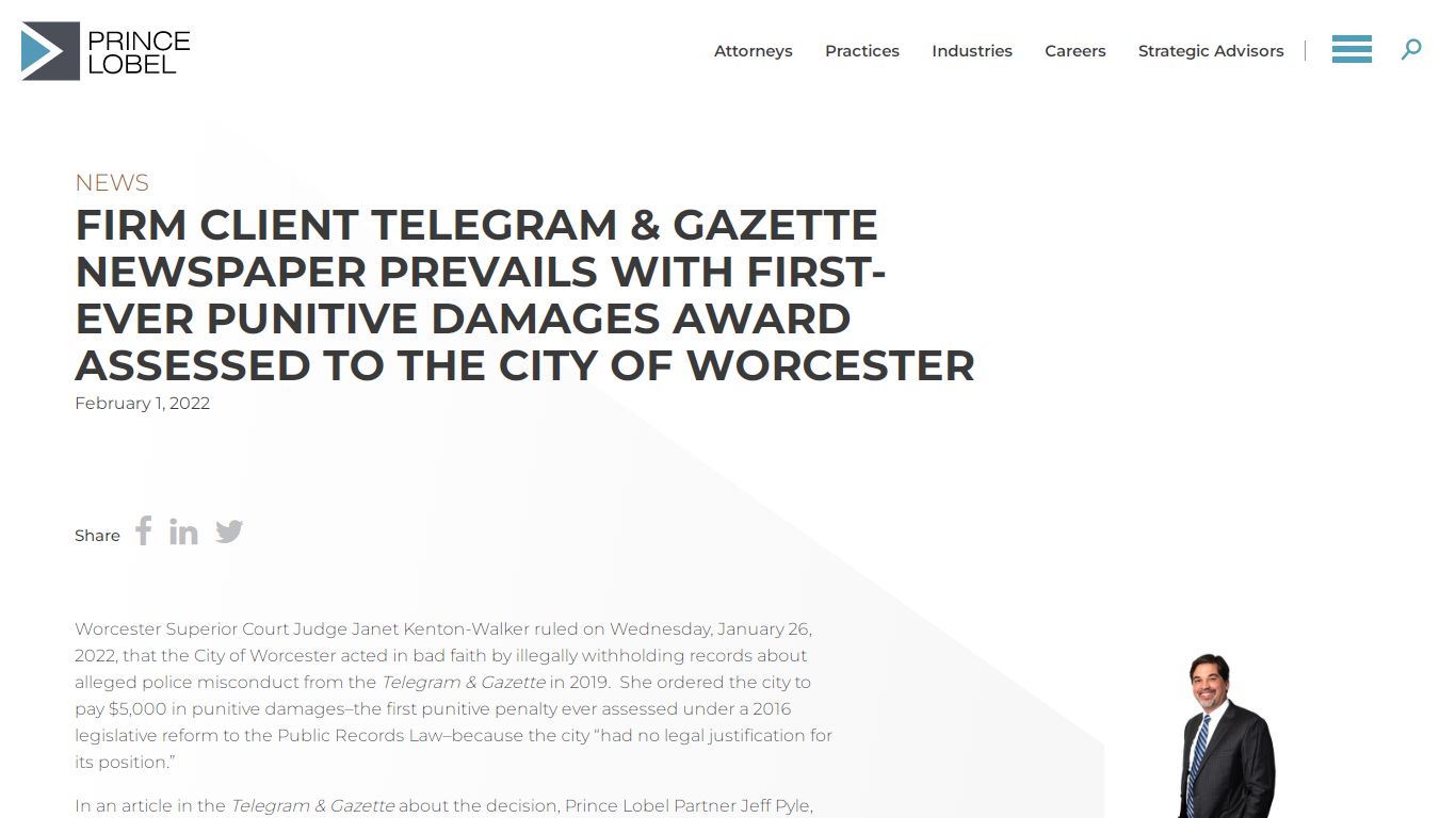 Firm Client Telegram & Gazette Newspaper Prevails with First-Ever ...